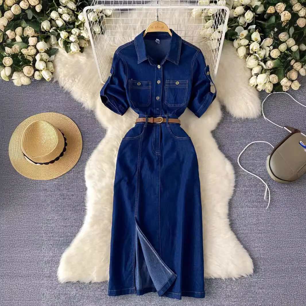 

Light Luxury Wind Senior Sense Polo Collar Denim Dress.Women's Summer Open Akimbo Waist Belt Design Niche Temperament Slit Dress