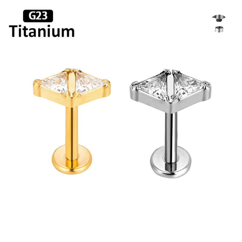 G23 Titanium Lip Piercing Rhombic CZ Labret Internally Threaded Earring Ear Studs Lip Rings Ear Cartilage Helix Body Jewelry 16G