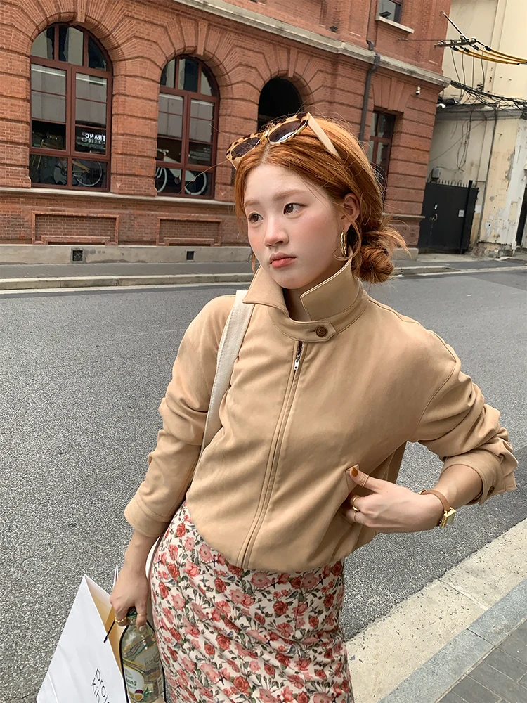 

Sli ort Zipper Loose Women's Jaet Korean Sle Collar Spring Autumn Versatile Retro Faion Outerwear