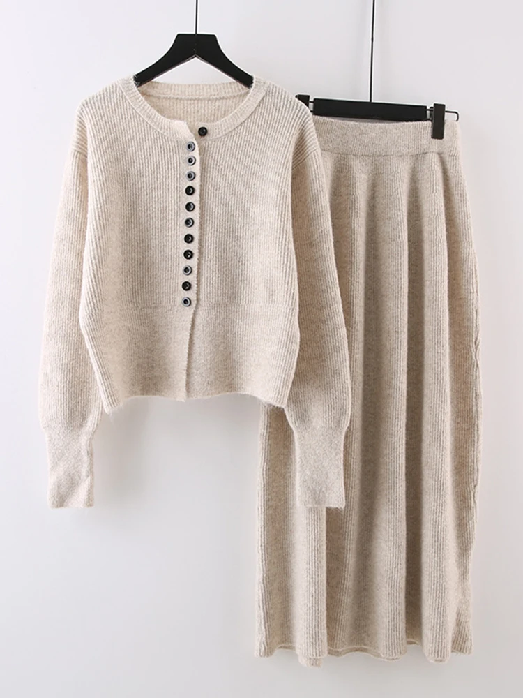 

Korean Style Knited Two-piece Set Women's O-neck Single Breasted Cardigan With Elastic Waist Skirts New