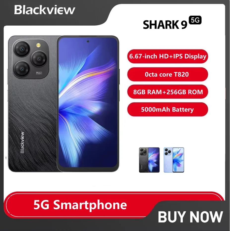 Blackview SHARK 9 5G Smartphone Android 14 6.67 ''HD + 90Hz Display Octa Core 8GB + 256GB 50MP AI Camera 5000mAh 18W telefono NFC