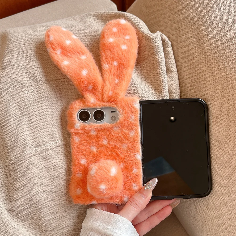 Cute Plush Bunny Ear Phone Case For iPhone Duo Soft Furry Polka Dot Cover 3D Rabbit Tail Shockproof Protective Phone Shell