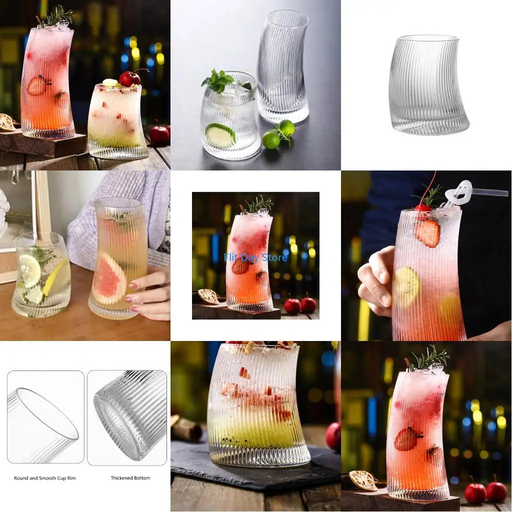 F92C Elegant Curved Glassware Transparent Ribbed Glass Cup Cocktails Drinkware for Everyday Use Heat and Cold Resistant