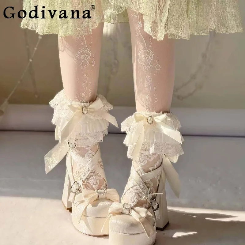 

2026 New Japanese Original Lolita Sweet and Cute Women's High Heels Round Toe Chunky Heel Bow Mary Jane Shoes