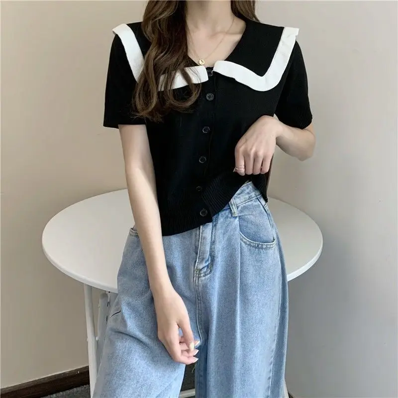 Contrasting Color Doll Collar Knitted Cardigan Women's Spring and Summer 2024 New Korean Fashion Short Coat Short Sleeve Top