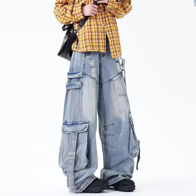 New Men's Ripped Multi-Pocket Curved Cargo Denim Pants Hip Hop Fashion Deconstruction Jeans Y2K Streetwear Baggy ]Jean