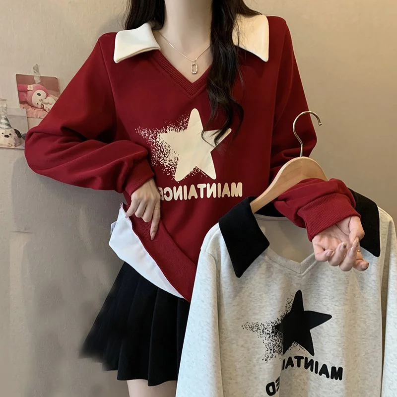 

plus Size Women's Sweatshirt Red Retro American Style Casual Loose Fit Cover up Spring V-Neck Long Sleeve Printed Top