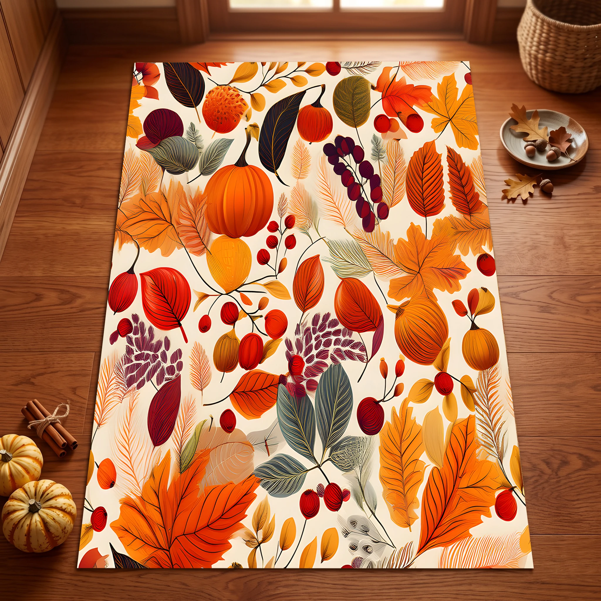 Velvet Rug All over Pumpkin Autumn Leaf Berry Print Retro Warm Tone for Living Room Bedroom Entryway Decor