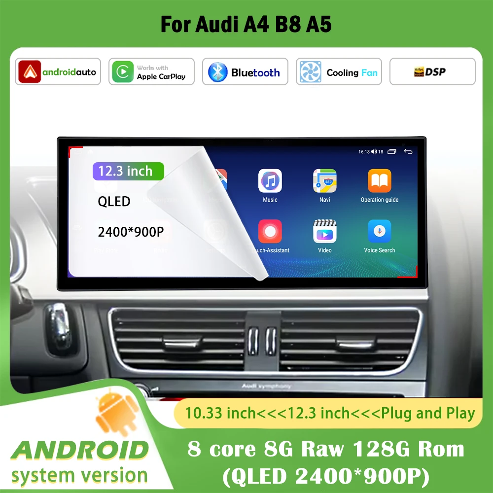 Android 16 For Audi A4 B8 A5 2009 - 2016 Bluetooth WiFi Carplay Stereo GPS Navi 4G Car Video Multimedia Radio Player QLED Screen