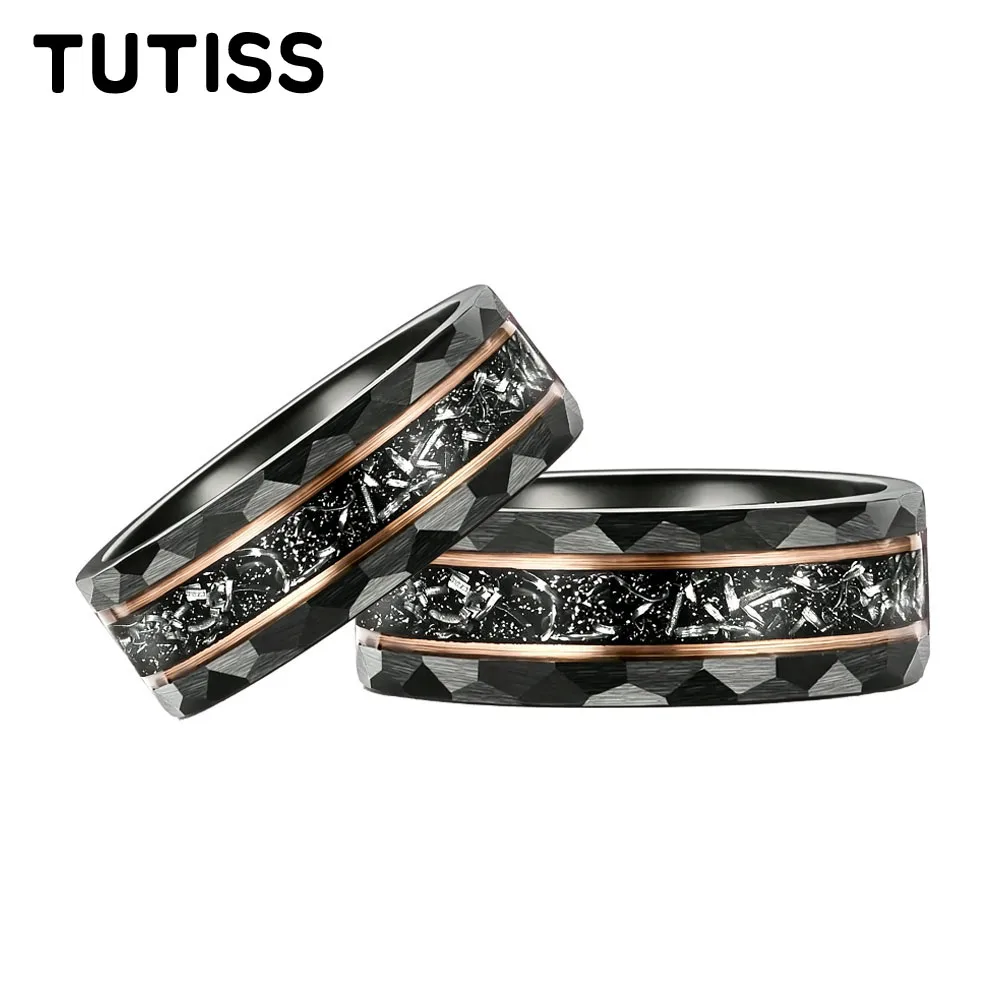 Anillo de boda para hombre TUTISS de 8 mm, negro, de carburo de tungsteno martillado con incrustaciones de meteorito, joyería de moda, anillo de compromiso.