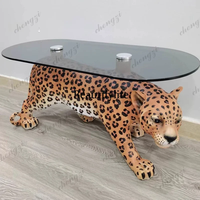 A68 Italian Light Luxury Leopard Coffee Table Designer Custom Round Glass Tea Table Irregular Art Furniture for Living Room