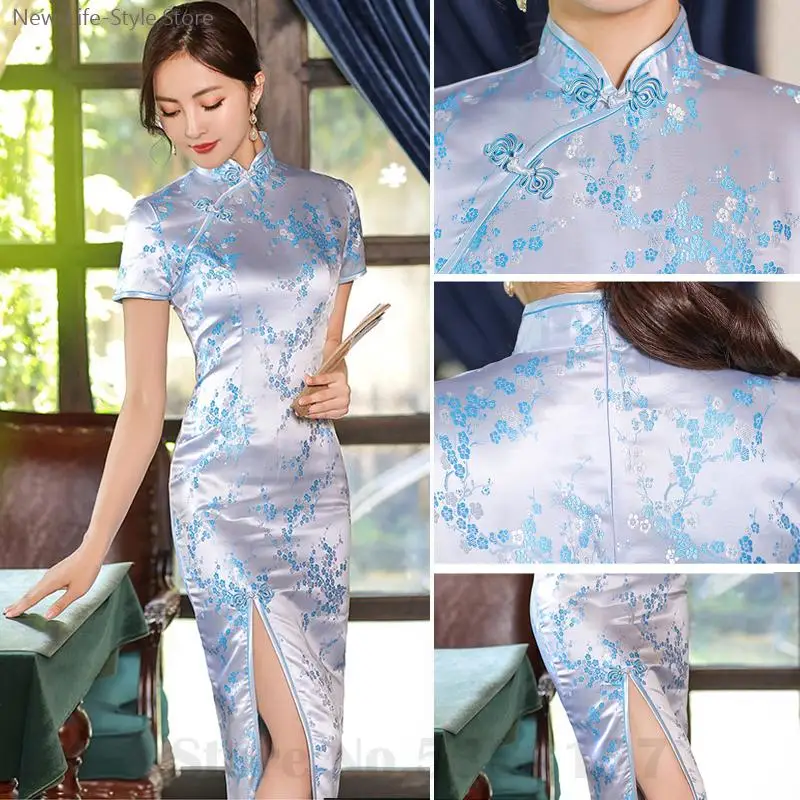 

2025 сексуальное тонкое платье Cheongsam Qipao с короткими рукавами 3XL 4XL атласное вечернее платье с принтом для женщин традиционные китайские платья