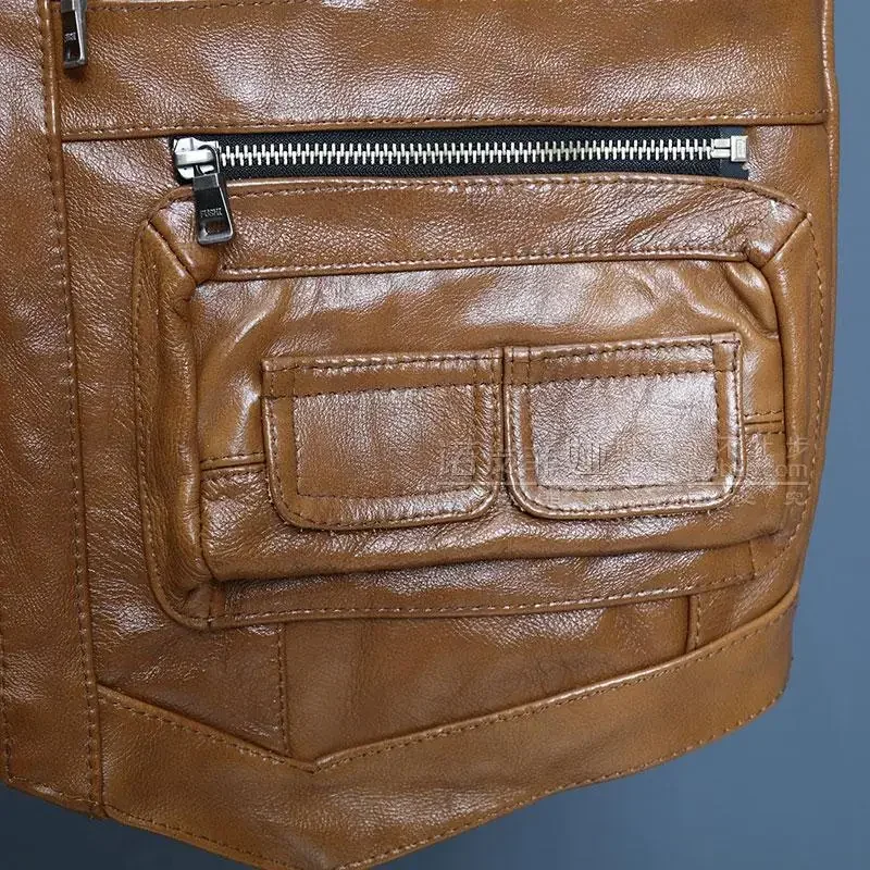 Brand Genuine Cow Leather Vest Mens Photography Vest With Many Pockets Brown Motorcycle Jacket Male Waistcoat biker clothing