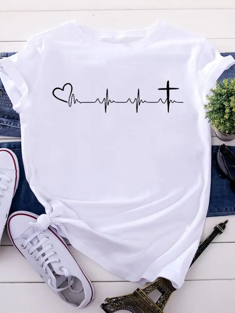 

Summer Fashion Short Sleeve Faith Letter Love Trend Graphic Tees Ladies Women Cartoon Tshirts Tops Wear Vacation T-Shirt