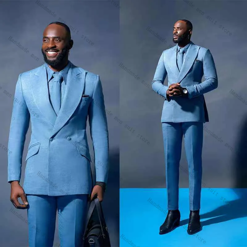 

Light Blue Men Suits 2 Piece Blazer+Cotton Pants Double Breasted Wedding Tuxedo Coat Customized Formal Office Jacket Trousers