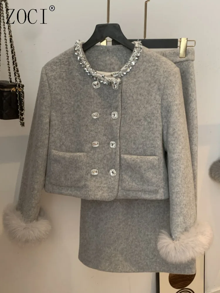 

ZOCI Women's Elegant Fax Fur Spliced Skirt Sets Double Breasted Woolen Coats For Female Office Lady Dresses 2025 Spring New