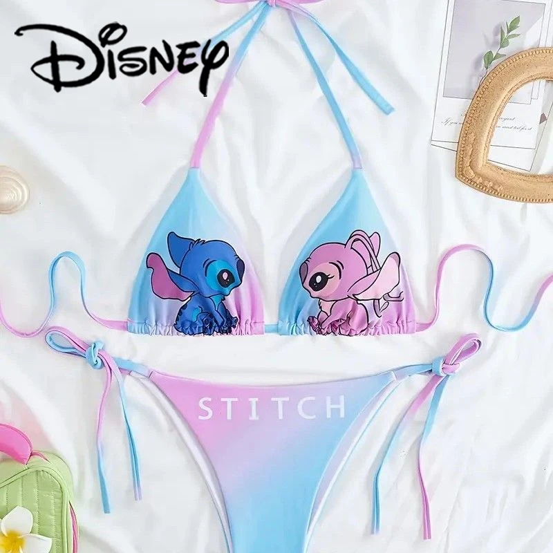 

2pcs/set Disney Stitch Bikini Cartoon Fashion Woman's Beach Vacation Sexy Swimsuit Summer Girls Sexy Side Tie Thong Swimsuit