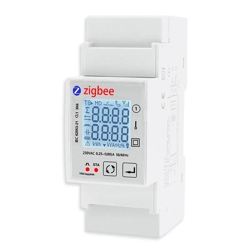 Smart ZigBee Energy Meter Single Phase 80A Din Rail Power Monitor KWh Wattmeter Voltmeter Ampermeter 110V 230V 50/60Hz