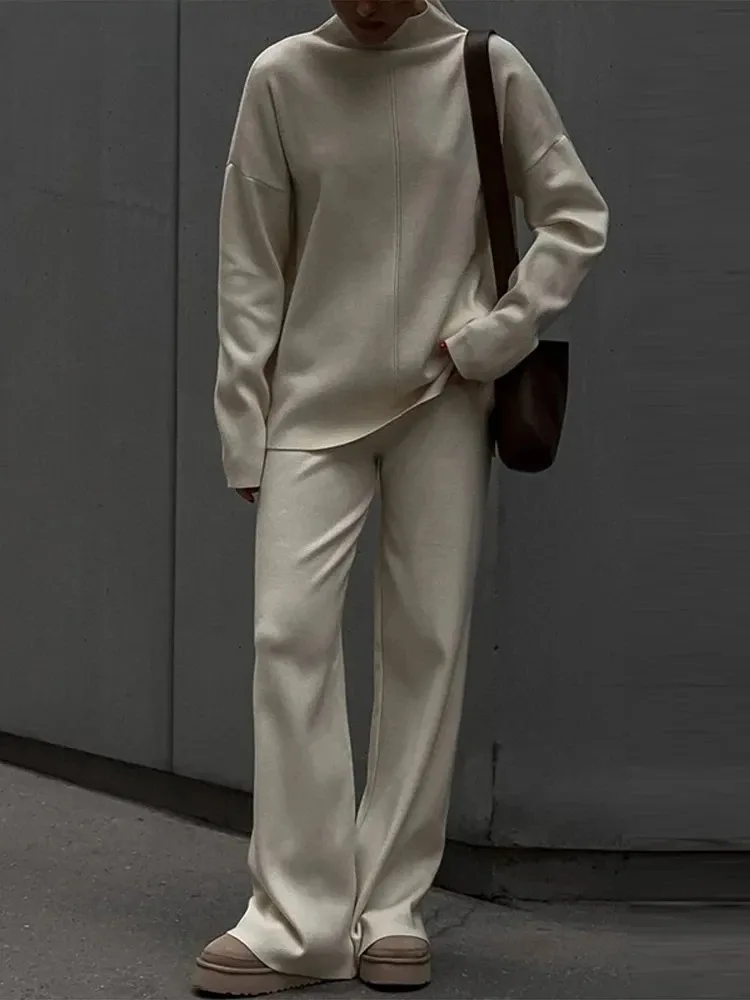 

Women's 2025 Autumn Knit Sweater Pants Set, Loose Long Sleeve Top & High Waist Casual Suit