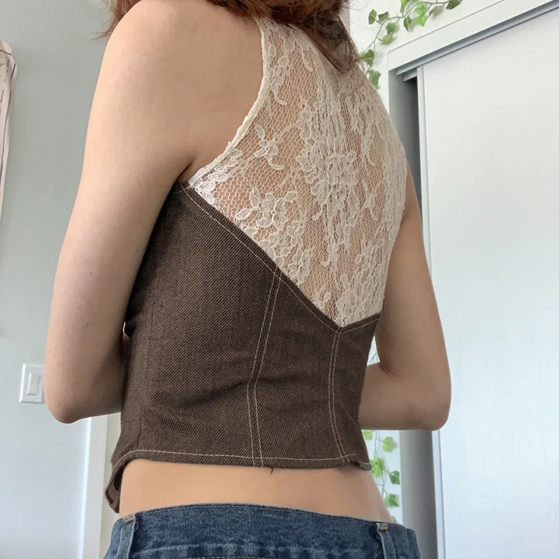 

Instagram Trendy Women's Vest Fashion Buckle Lace Splice Sexy Low Cut Large Round Neck Sleeveless Waistcoat