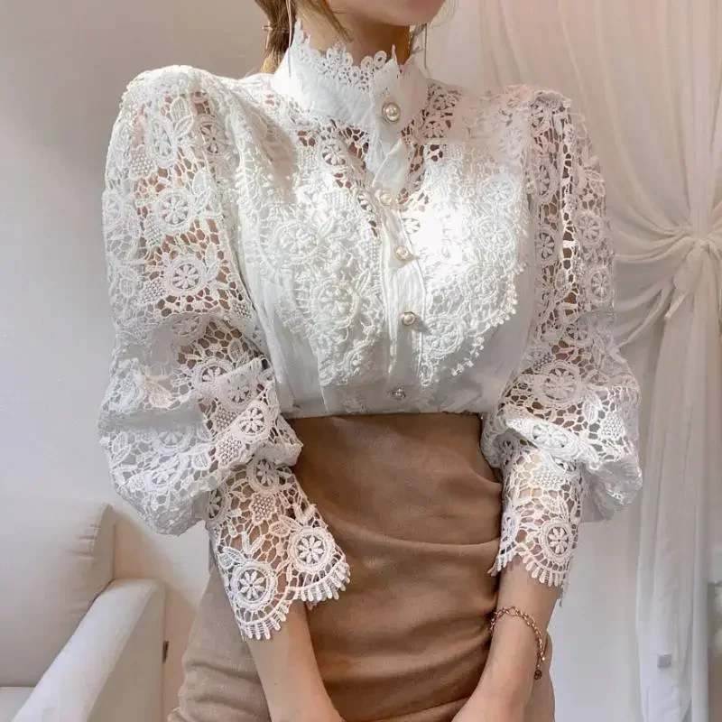 

Women Petal Sleeve Flower Stand Collar Shirt Spring Sweet Hollow Out Lace Solid Color Patchwork Blouse Button White Top
