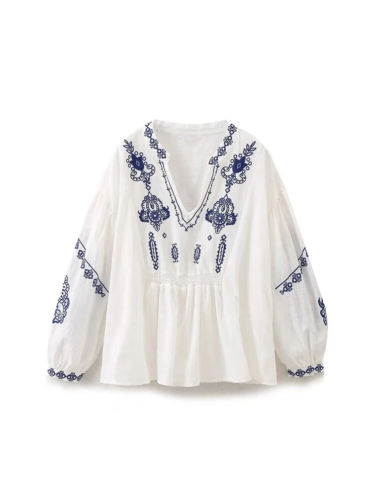 

Women's Vintage Ethnic Style Embroidered V-Neck Shirt Loose Slim Bubble Sleeve Blouse Literary White Long Sleeve Shirt