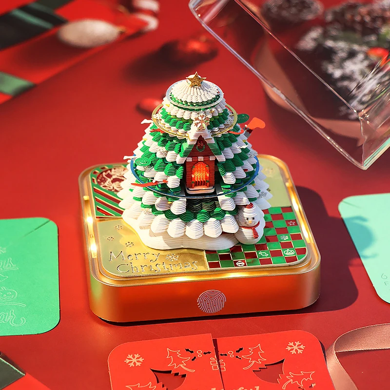 

2026 Desk Calendar With LED Light Christmas Tree Sculpture 3D Tear-away Calendar Paper Carving Art Christmas Day Decoration