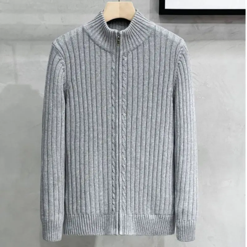 2023 New Autumn and Winter Trend Zipper Stand Collar Solid Color Slim Fitting Casual High-end Men's Knitted Cardigan Sweater