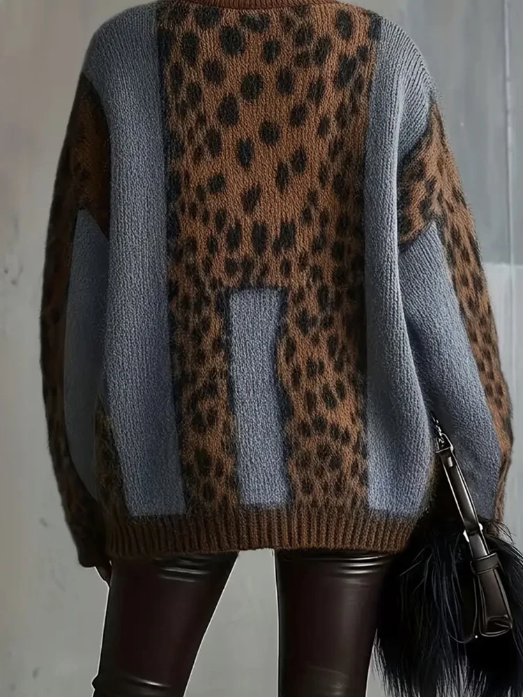 

Осень-зима, новые топы для поездок на работу, женские винтажные лоскутные вязаные свитера с леопардовым принтом, повседневные женские джемперы с длинными рукавами и круглым вырезом