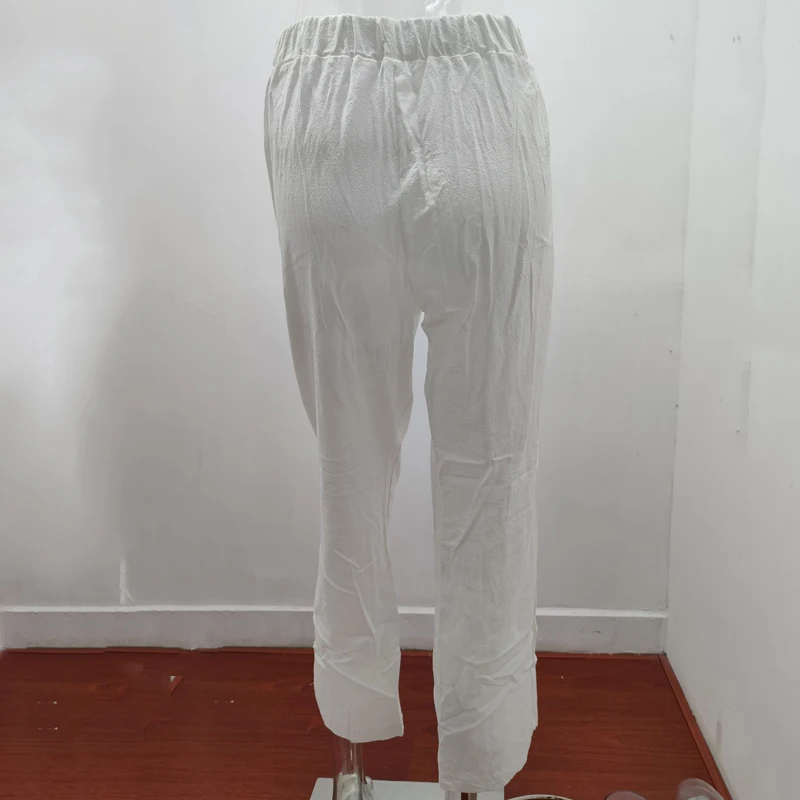 Pantalon décontracté à jambes larges pour femmes, LOGO personnalisé, couleur unie, taille élastique, cordon de serrage, coton, lin, confortable, ample