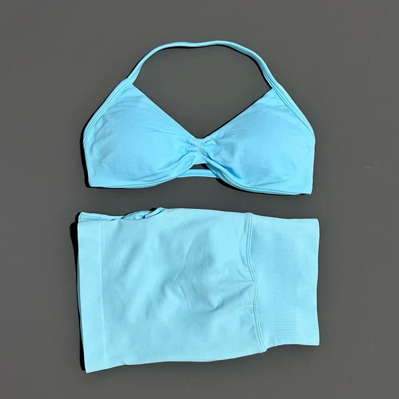2-delige yoga gymset dames naadloze yoga bh met bandjes hoge taille workout scrunch shorts sportset fitnesskleding sportkleding