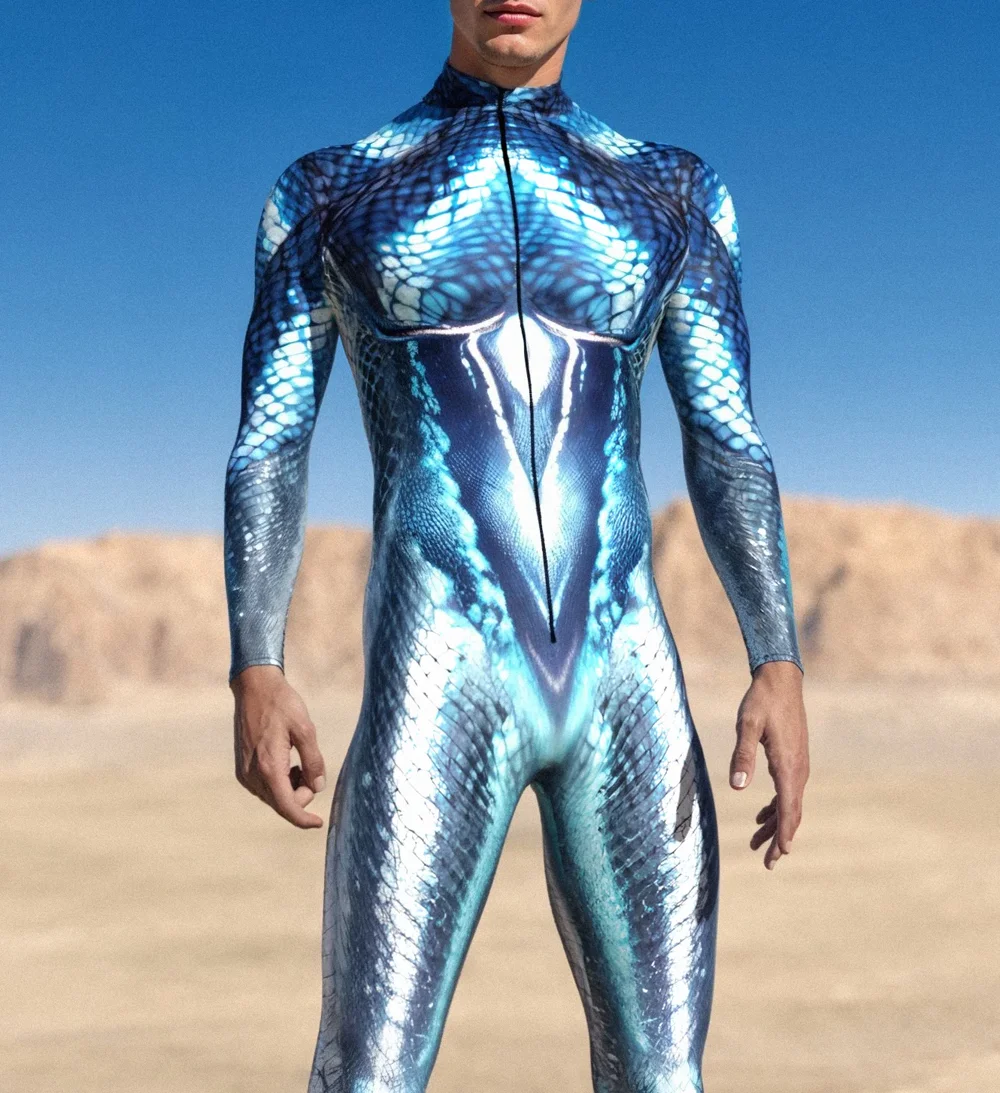 Men Steampunk Blue Lagoon 3D Digital Fish Scale Cosplay Bodysuit Party Role Play Outfit Zentai Suit Costume Carnival Jumpsuit