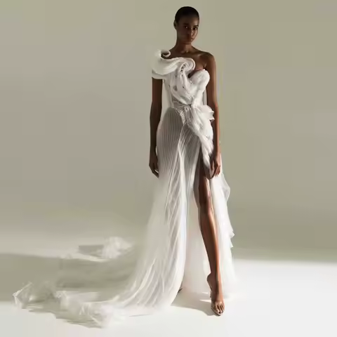 Stunning Pleated Evening Dresses High Slit Ruffles Bridal Shower Dress Pleated Organza Wedding Party Dress Custom Formal Gowns