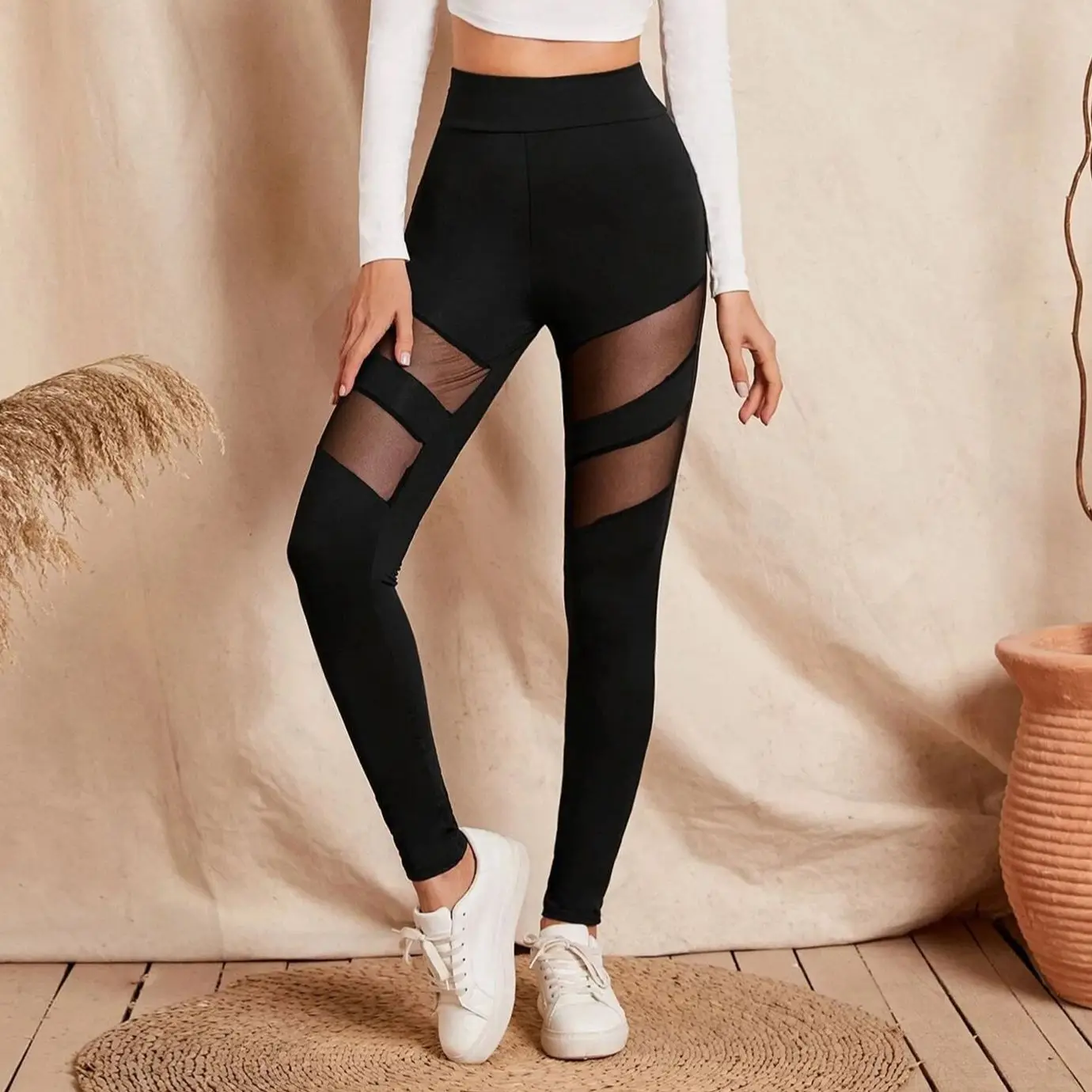 New Mesh Splicing Leggings Fashion Solid Color Elastic Leggings Spring And Summer Sexy Mesh Perspective Small Feet Pants Women