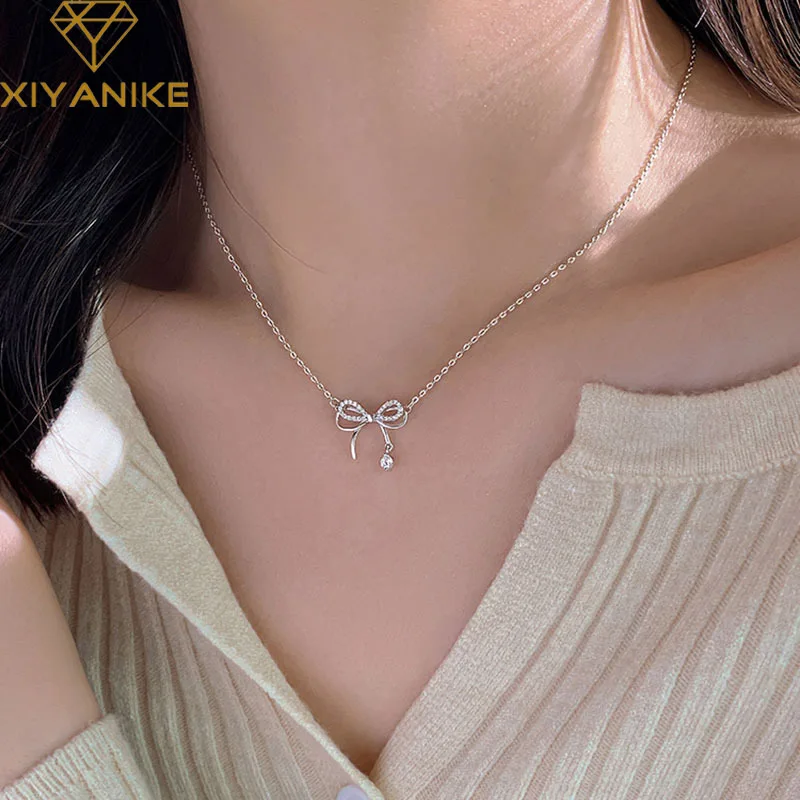 XIYANIKE Sweet Bowknot Pendant Chain Necklace For Women Girl Luxury Fashion New Jewelry Ladies Gift Party Wedding collier femme