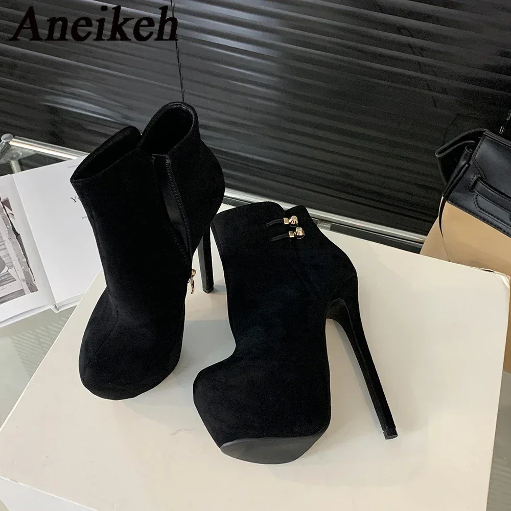 Aneikeh Platform Ankle Boots for Women Metal Decoration Round Toe Fashion 16CM High Heel Design Autumn Club Stripper Pumps Shoe