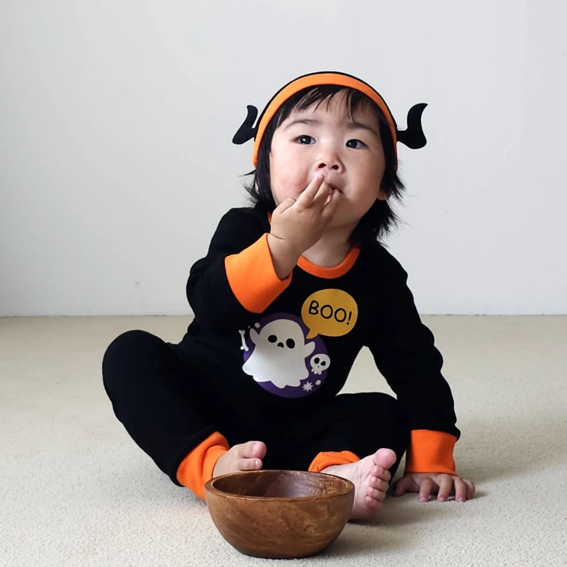 

MINISO Halloween Korean Style Baby Long Sleeved Rompers Cartoon Print Children Trousers Going Out Clothes 0-24 Months Bodysuits