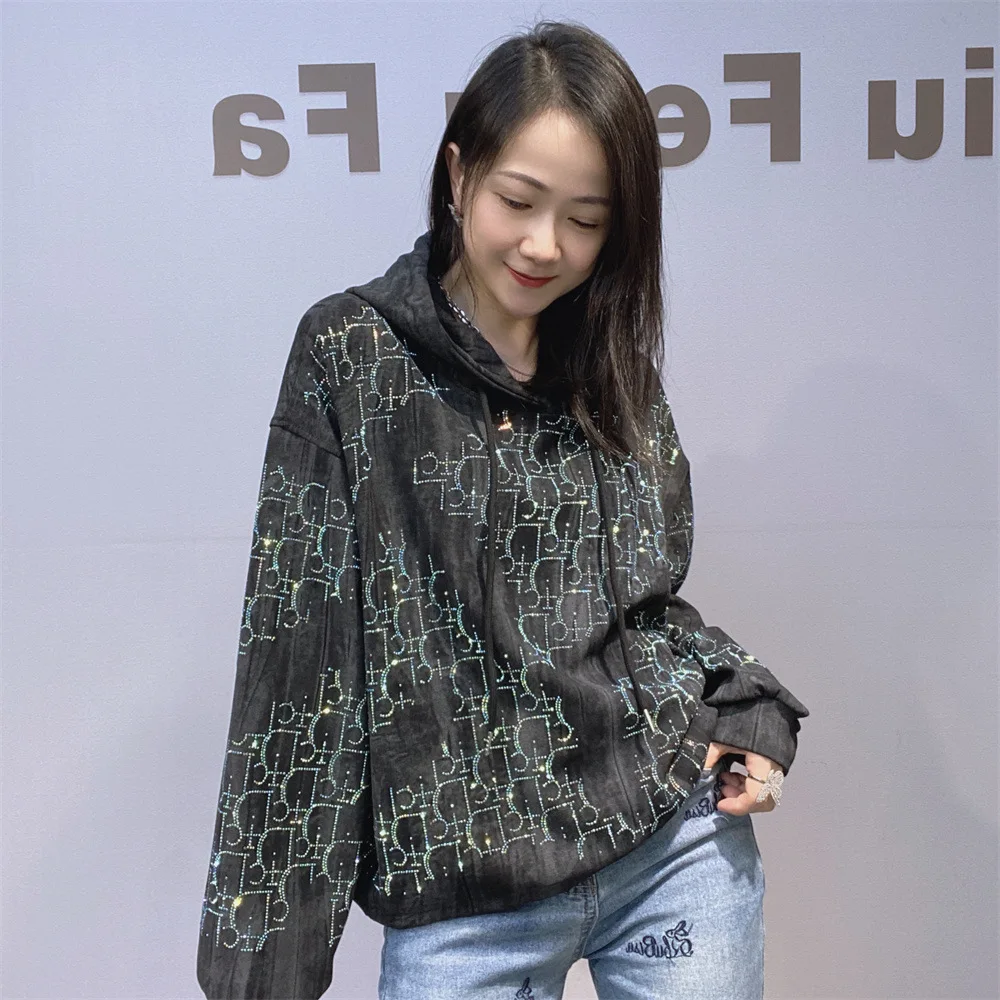 Otoño Invierno de manga larga para mujer suéteres con capucha moda patrón de letras diamantes sudaderas sueltas jerseys ropa de mujer