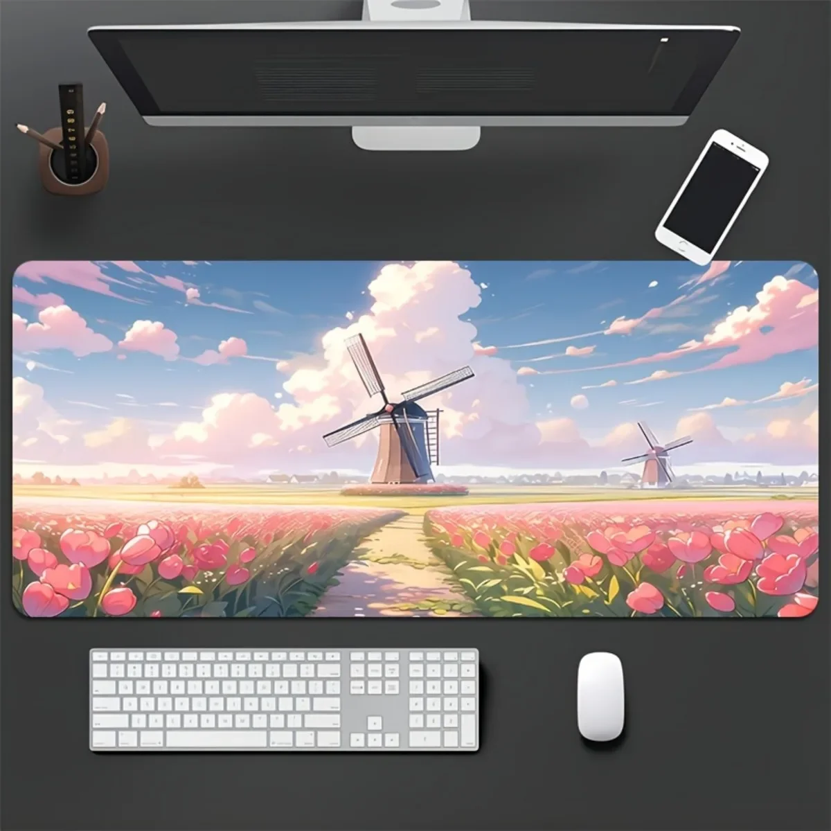 

Pastoral Windmill Flower Manor Rubber Mouse Pad Smooth Comfortable Stitched Edges Non-Slip Desk Mat for Lovers Gifts