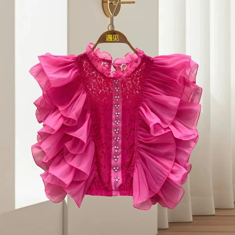 

Luxury French Ruffle Edge Stand Up Collar Shirt For Women's Summer New Style Stylish Lace Patchwork Tops 2025 Chic Blouse Ruffle