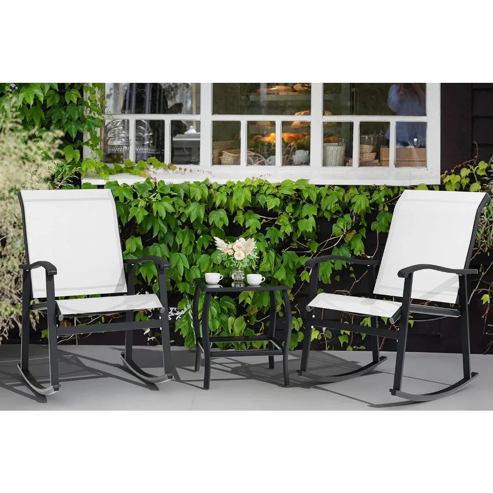 Outdoor Rocking Bistro Set, Textilene Tecido Pequeno Mobiliário Pátio Set, varanda frontal Cadeiras Rocker, Construção Set, 3 PCs