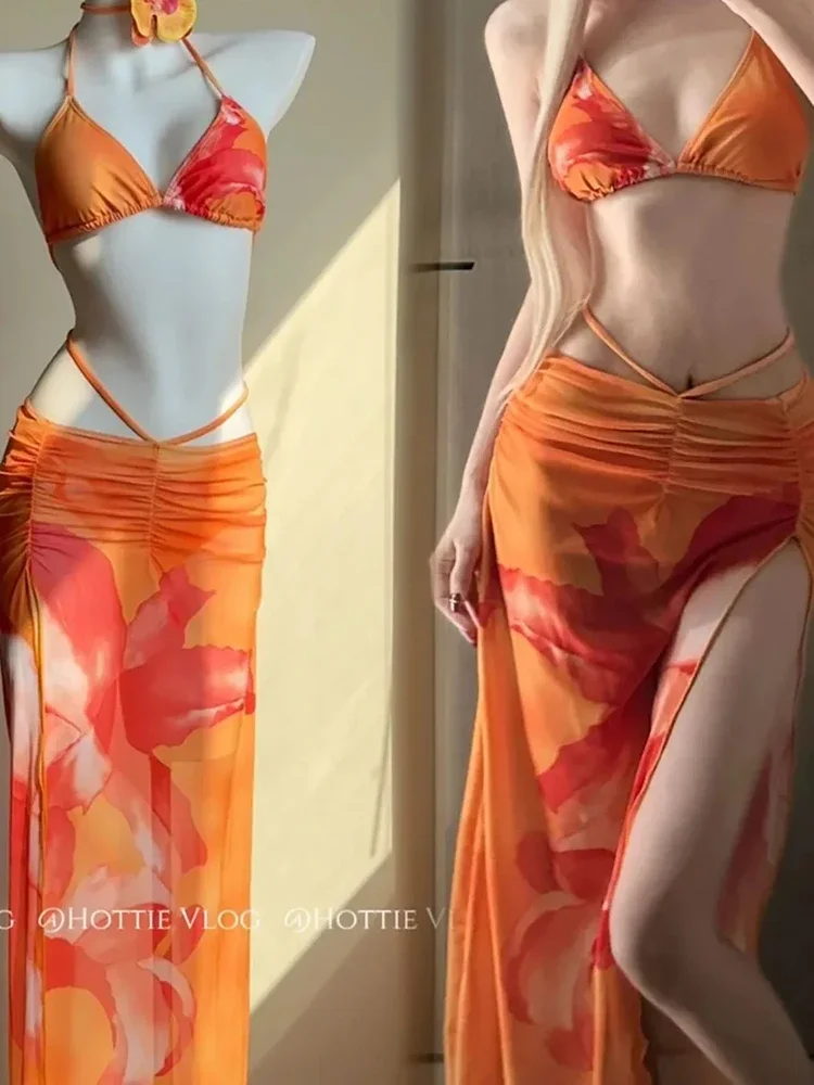 Vrouwen Sexy Strand Badpak 3-delige Sets Zomer Hotsweet Bikini Halter Tops Mode Slanke Lace Up Print Slit Lady Lange Rok