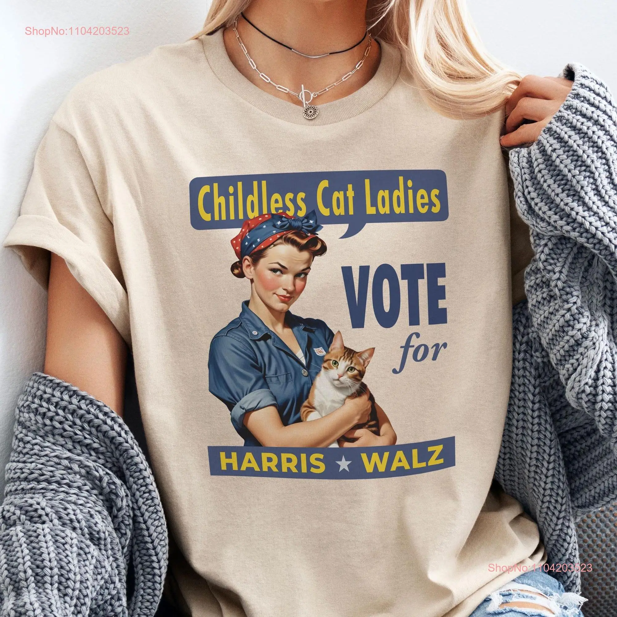 Kamala Harris Tim Walz Childless Cat Lady Rosie Riveter Parody T Shirt Cool for Democrats Liberals Feminists Voters