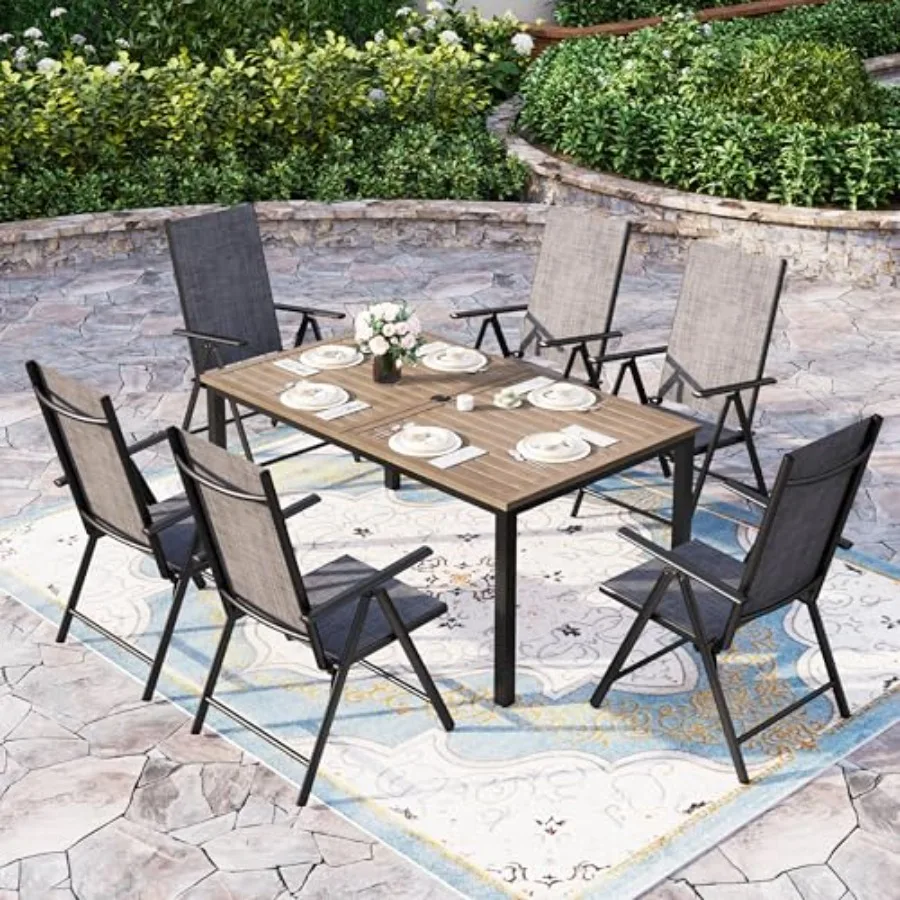 

Комплект для патио из 7 предметов: обеденный набор для улицы с 6 складными стульями из текстилена с высокой спинкой, серый