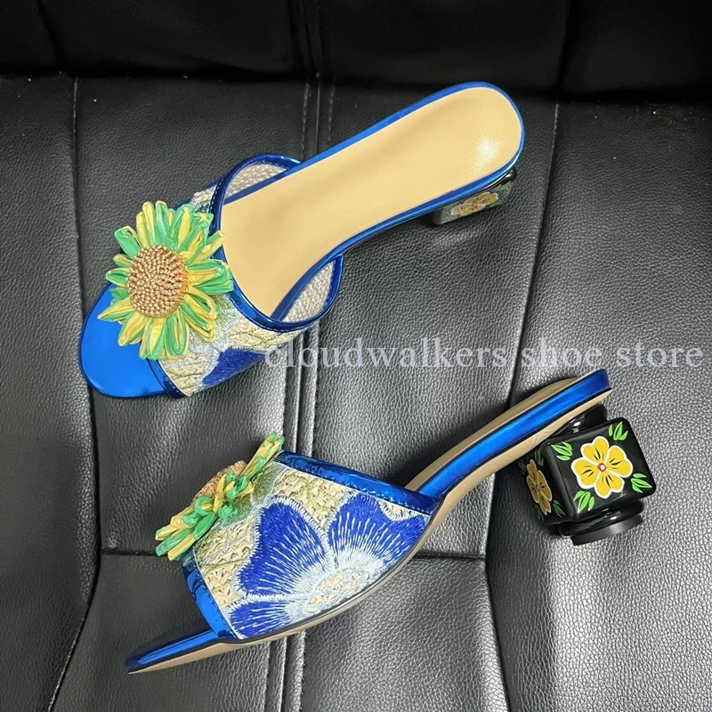 Iridescent Embroidery Upper Sunflower Embellished Summer Slipper Hand-Painted Flower Square Heel Playful Design Peep Toe Slipper view 6