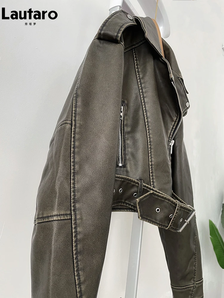 Lautaro-Damen kurze lose PU-Leder-Bikerjacke, Reißverschluss, Retro-Streetwear für Damen, europäische Mode, cool, Frühling, Herbst,