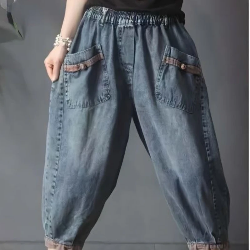 Jeans jeans de arlequim para mulheres, calças largas vintage, cintura alta, streetwear chique casual, roupas finas de verão, preto, Y2k