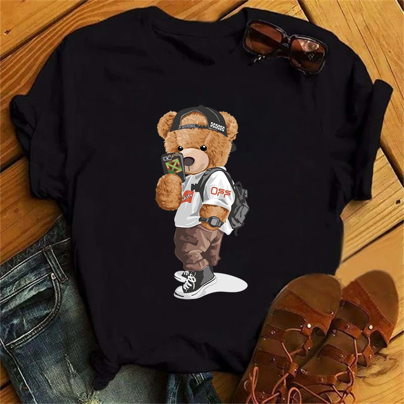 Women\'s Short Sleeve T-shirts Summer Printed Orange Funny Bear Harajuku Style 100%Cotton Tops y2k Streetwear Casual Tee Female