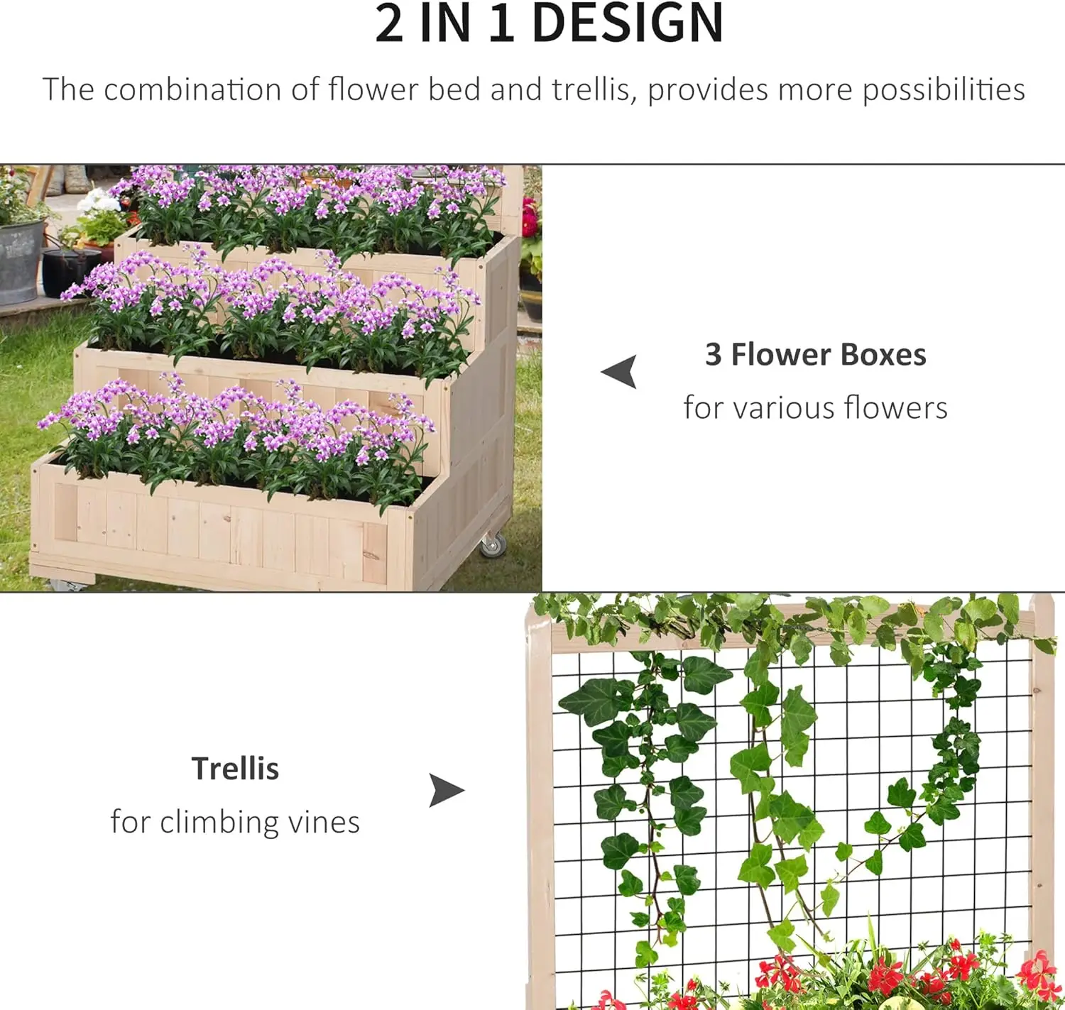 Outsunny-Lit de jardin suréWerà 3 niveaux avec treillis, jardinière verticale de 53 po H avec roues et zone de rangement arrière, pour fleurs