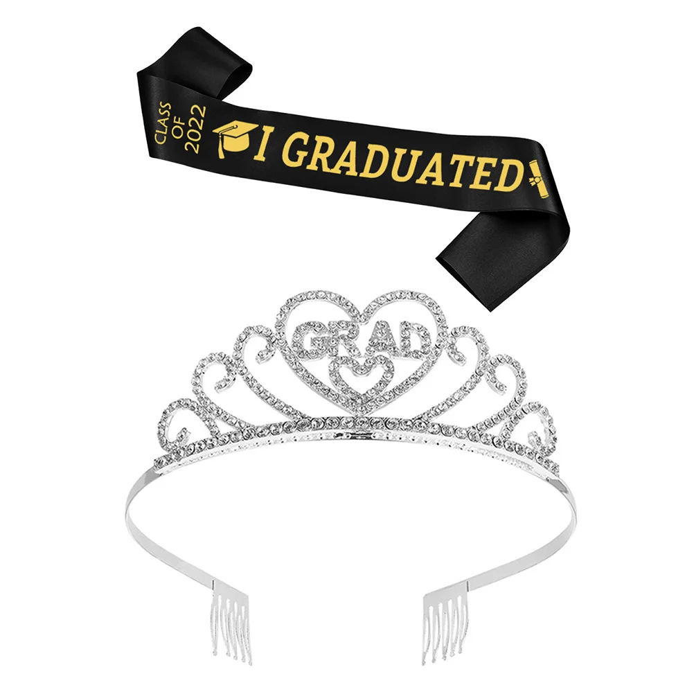

1 set Graduation Crown Set Silver Color Alloy Material Party Crown Hair Accessories 2022 Sash Tiara Photos Props Celebration